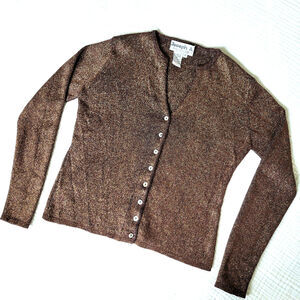 Vintage 90s Joseph A. Cardigan Womens M Brown Gold Metallic Silk Sweater